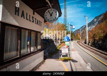 Vue sur l'ancienne gare de Hallstatt, Salzkammergut, OÖ, Autriche Banque D'Images