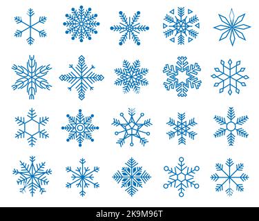 Flocons de neige Doodle. Variations de neige bleu d'hiver symétrique flocons, géométrique cristal gelé icônes Noël décoration du nouvel an. Collection de vecteurs Illustration de Vecteur