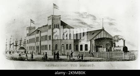 Bangården à la gare de Malmö. Gare centrale de Malmö. De 1856 à 1864, la ligne principale sud a été ouverte par étapes. La ligne principale de Malmö à Lund a été ouverte pour le trafic 1856-12-01. La première maison de gare en pierre avec salle de chemin de fer a été construite en 1855-56 par un architecte danois inconnu, éventuellement C.F.RASMISSEN. Le bâtiment a été en grande partie détruit dix ans plus tard, à 14 décembre 1866, en cas d'incendie. En 1878, une grande extension du système de chenilles a été achevée, un cercle stable a été ajouté, l'atelier de réparation et le magasin de marchandises ont été élargis. Connexion de chemins de fer individuels au stat Banque D'Images