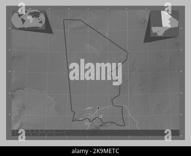 Tombouctou, région du Mali. Carte d'altitude en niveaux de gris avec lacs et rivières. Cartes d'emplacement auxiliaire d'angle Banque D'Images