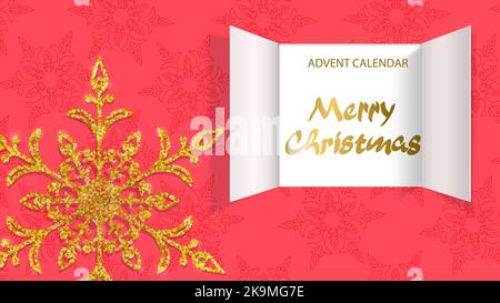 Ouverture de la porte du calendrier de l'AVENT de Noël. Portes larges ouvertes réalistes avec neige sur fond rouge. Modèle d'affichage d'un message. Joyeux Noël Illustration de Vecteur