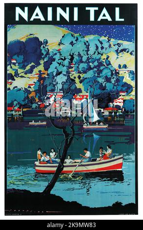Vintage 1930s India Travel Poster - Nainital une ville de villégiature himalayenne sur le lac Nainital, un site populaire de navigation de plaisance . Temple hindou de Naina Devi . Banque D'Images