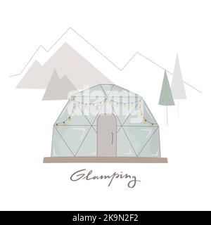 Simple et plat vecteur de glamping maison avec des montagnes, des arbres à l'arrière-plan. Tipi bulle avec guirlande pour le Web, histoires sur le voyage de week-end. Illustration de Vecteur