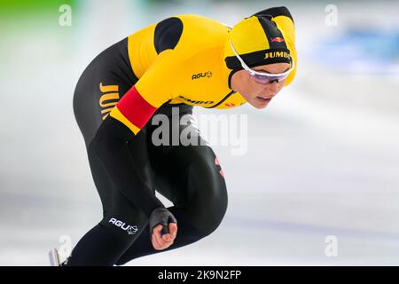 HEERENVEEN, PAYS-BAS - OCTOBRE 29 : Jutta Leerdam de Team Jumbo Visma en compétition sur les femmes 500m lors du tournoi de qualification de la coupe du monde de Speedskating sur 29 octobre 2022 à Heerenveen, pays-Bas (photo par /Orange Pictures) Banque D'Images