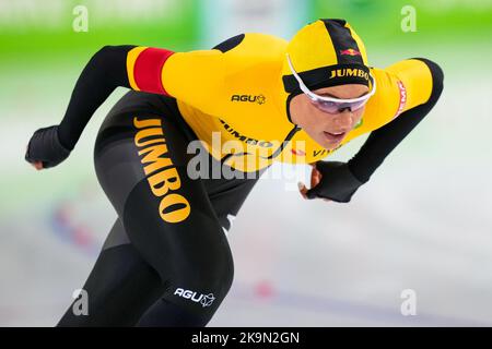 HEERENVEEN, PAYS-BAS - OCTOBRE 29 : Jutta Leerdam de Team Jumbo Visma en compétition sur les femmes 500m lors du tournoi de qualification de la coupe du monde de Speedskating sur 29 octobre 2022 à Heerenveen, pays-Bas (photo par /Orange Pictures) Banque D'Images