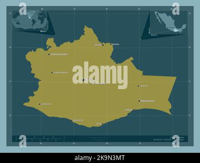 Oaxaca, État du Mexique. Forme de couleur unie. Lieux et noms des principales villes de la région. Cartes d'emplacement auxiliaire d'angle Banque D'Images