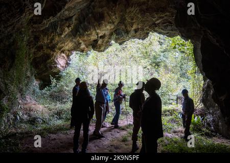 Royaume-Uni, Angleterre, Devonshire. Le Centre d'études de la grotte William Pengelly à Buckfastleigh. Un guide géologue montrant l'entrée de la grotte Reeds. Banque D'Images