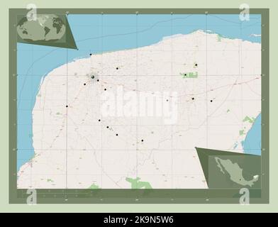 Yucatan, État du Mexique. Ouvrez la carte des rues. Lieux des principales villes de la région. Cartes d'emplacement auxiliaire d'angle Banque D'Images