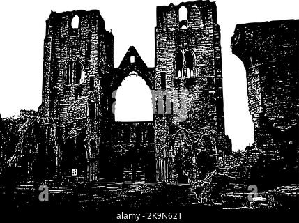 Ruines anciennes de la vieille église avec tours et entrée. Illustration noir et blanc à contraste élevé. Elgin Illustration de Vecteur