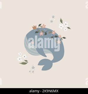 Illustration vectorielle en couleur dessinée à la main pour enfants, affiche, imprimé avec une jolie baleine de style scandinave. Petits animaux mignons. Illustration de Vecteur