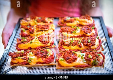 Closeup femme tenant avec les mains apéritif sain sur chia lin noix de coco pain plat toast pizza, plat végétalien brut sur plateau déshydrateur avec fromage, viande Banque D'Images