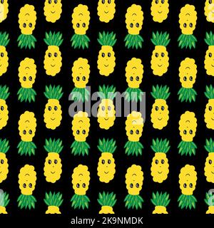 Arrière-plan vectoriel transparent. Motif décoratif de drôle de dessin animé fruits d'ananas sur noir Illustration de Vecteur
