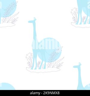 Motif sans couture de la silhouette de girafe avec soleil et plantes exotiques. Arrière-plan décoratif d'animaux amusants Illustration de Vecteur