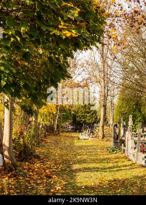 Pologne, Raszyn 11 02 2022: La Toussaint dans un petit cimetière. Banque D'Images