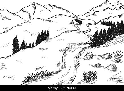 Art ligne tracé à la main contour paysage de montagne paysage isolé sur fond blanc. Illustration artistique, élégant en noir, couleur encre. Vecteur. Illustration de Vecteur