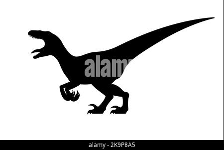 Silhouette de dinosaure grognant velociraptor. Illustration vectorielle d'un dinosaure velociraptor à museau noir isolé sur blanc. Logo, vue latérale. Illustration de Vecteur