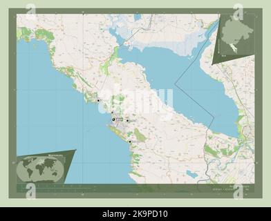 Bar, municipalité de Montenegro. Ouvrez la carte des rues. Lieux et noms des principales villes de la région. Cartes d'emplacement auxiliaire d'angle Banque D'Images