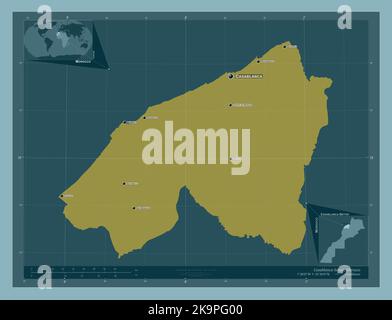 Casablanca-Settat, région du Maroc. Forme de couleur unie. Lieux et noms des principales villes de la région. Cartes d'emplacement auxiliaire d'angle Banque D'Images