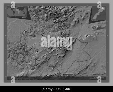 FES-Meknes, région du Maroc. Carte d'altitude à deux niveaux avec lacs et rivières. Lieux et noms des principales villes de la région. Emplacement auxiliaire d'angle Banque D'Images