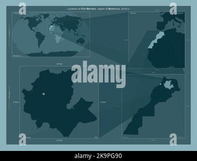 FES-Meknes, région du Maroc. Schéma montrant l'emplacement de la région sur des cartes à plus grande échelle. Composition d'images vectorielles et de formes PNG sur un solide Banque D'Images