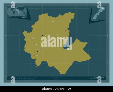 FES-Meknes, région du Maroc. Forme de couleur unie. Lieux et noms des principales villes de la région. Cartes d'emplacement auxiliaire d'angle Banque D'Images