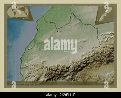 Marrakech-Safi, région du Maroc. Carte d'altitude colorée en style wiki avec lacs et rivières. Lieux et noms des principales villes de la région. Corne Banque D'Images