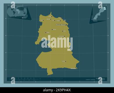 Orientale, région du Maroc. Forme de couleur unie. Lieux et noms des principales villes de la région. Cartes d'emplacement auxiliaire d'angle Banque D'Images