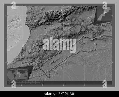 Souss-Massa, région du Maroc. Carte d'altitude à deux niveaux avec lacs et rivières. Lieux des principales villes de la région. Cartes d'emplacement auxiliaire d'angle Banque D'Images