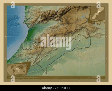 Souss-Massa, région du Maroc. Carte d'altitude en couleur avec lacs et rivières. Lieux et noms des principales villes de la région. Emplacement auxiliaire d'angle Banque D'Images