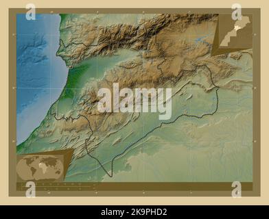 Souss-Massa, région du Maroc. Carte d'altitude en couleur avec lacs et rivières. Cartes d'emplacement auxiliaire d'angle Banque D'Images