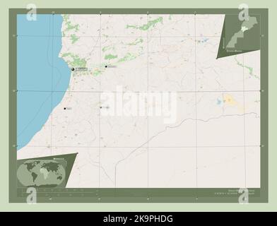 Souss-Massa, région du Maroc. Ouvrez la carte des rues. Lieux et noms des principales villes de la région. Cartes d'emplacement auxiliaire d'angle Banque D'Images