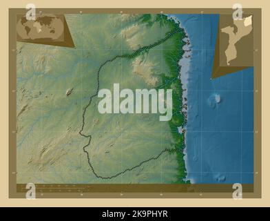 Cabo Delgado, province du Mozambique. Carte d'altitude en couleur avec lacs et rivières. Cartes d'emplacement auxiliaire d'angle Banque D'Images