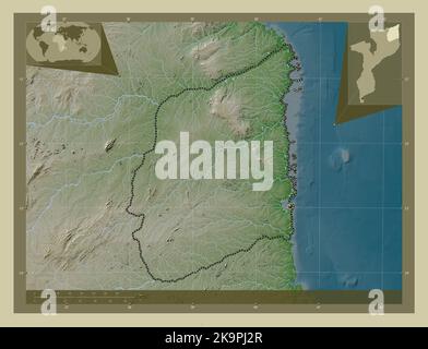 Cabo Delgado, province du Mozambique. Carte d'altitude colorée en style wiki avec lacs et rivières. Cartes d'emplacement auxiliaire d'angle Banque D'Images