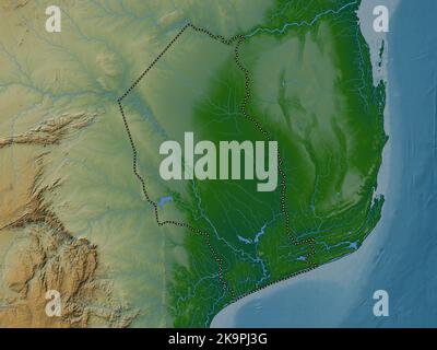 Gaza, province du Mozambique. Carte d'altitude en couleur avec lacs et rivières Banque D'Images