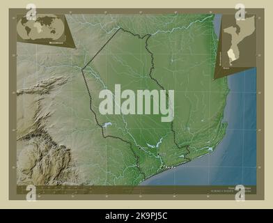 Gaza, province du Mozambique. Carte d'altitude colorée en style wiki avec lacs et rivières. Lieux et noms des principales villes de la région. Angle aux Banque D'Images