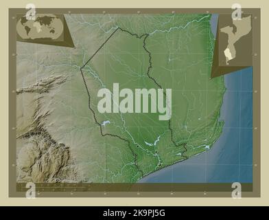 Gaza, province du Mozambique. Carte d'altitude colorée en style wiki avec lacs et rivières. Lieux des principales villes de la région. Emplacement auxiliaire de coin Banque D'Images