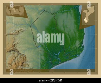 Gaza, province du Mozambique. Carte d'altitude en couleur avec lacs et rivières. Lieux des principales villes de la région. Cartes d'emplacement auxiliaire d'angle Banque D'Images