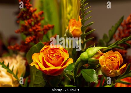 Résumé macro texture vue de petites roses roses roses et jaunes dans un arrangement intérieur de fleuriste Banque D'Images