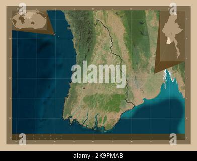 Ayeyarwady, division du Myanmar. Carte satellite basse résolution. Cartes d'emplacement auxiliaire d'angle Banque D'Images