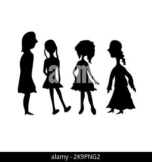 Ensemble de silhouettes femme avec différents styles de cheveux et robe. Figurines femelles noires sur fond blanc. Illustration amusante de style dessin animé. Illustration de Vecteur