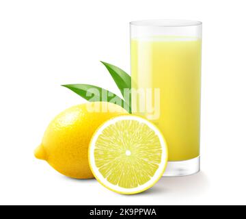 Verre de limonade fraîche avec un morceau de citron entier. Agrumes juteux avec feuilles, isolés sur fond blanc. Smoothies de citron. Vecteur 3D réaliste Illustration de Vecteur