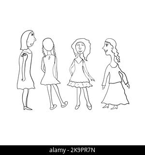 Ensemble de silhouettes femme avec différents styles de cheveux et robe. Contour des figures femelles sur fond blanc. Illustration amusante de style dessin animé. Co Illustration de Vecteur