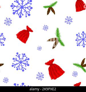 Motif hivernal abstrait sans couture avec flocons de neige, sacs-cadeaux et cônes en sapin. Illustration de Vecteur