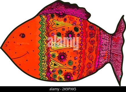 Illustration dessinée à la main de poissons mignons avec ornements Illustration de Vecteur