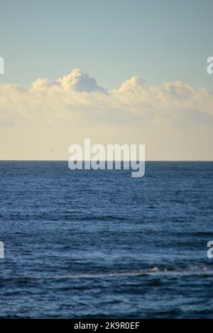 Cumulus blancs sur la surface bleue de la mer le jour ensoleillé. Magnifique arrière-plan naturel. Mouvement des nuages dans le ciel. Paysage de ciel. Paysage marin. Couleurs blanc bleu. Place pour le texte, espace de copie Banque D'Images