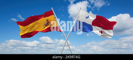 Deux drapeaux croisés Panama et espagne agitant dans le vent à ciel nuageux. Concept de relation, de dialogue, de voyage entre deux pays. 3d illustration Banque D'Images