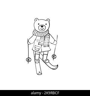 Illustration dessinée à la main d'un ours de dessin animé. Commodes pour les animaux de ski avec manteau et foulard rayé. Illustration de Vecteur