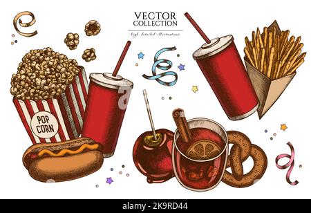 Collection Carnival Food vintage illustrations. Logos dessinés à la main avec frites, bretzel, pop-corn, limonade, hot dog, vin chaud, caramel Illustration de Vecteur