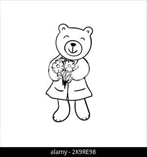 Illustration dessinée à la main d'un ours de dessin animé habillé de manteau avec un bouquet de fleurs. Animal drôle. Illustration de Vecteur