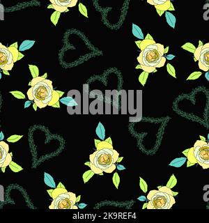 Motif fleuri sans couture avec fleurs et coeurs roses sur fond noir. Texture décorative. Illustration de Vecteur